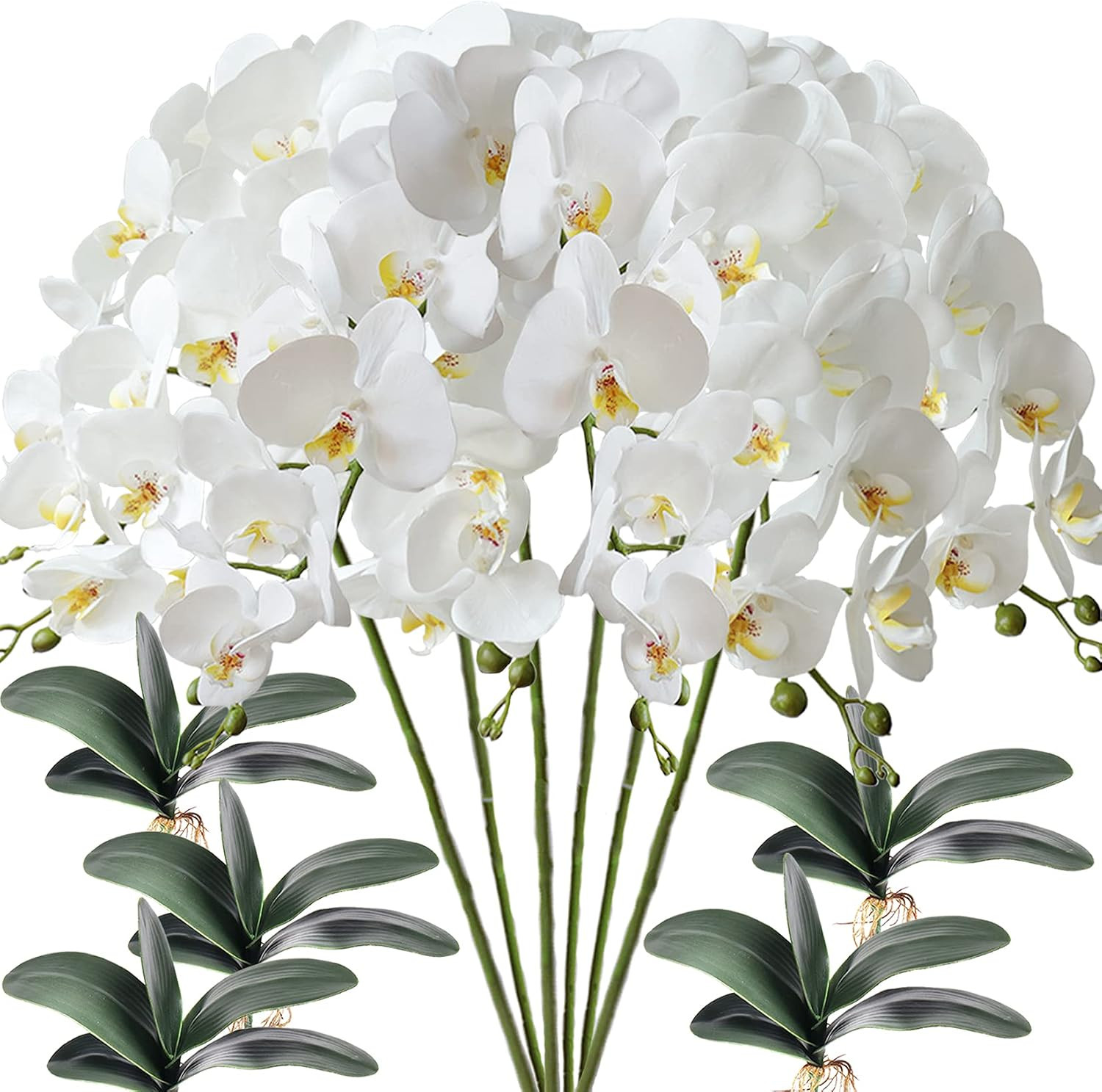 6 Pcs Artificial Phalaenopsis Orchid Flowers with Leaves for Home Décor