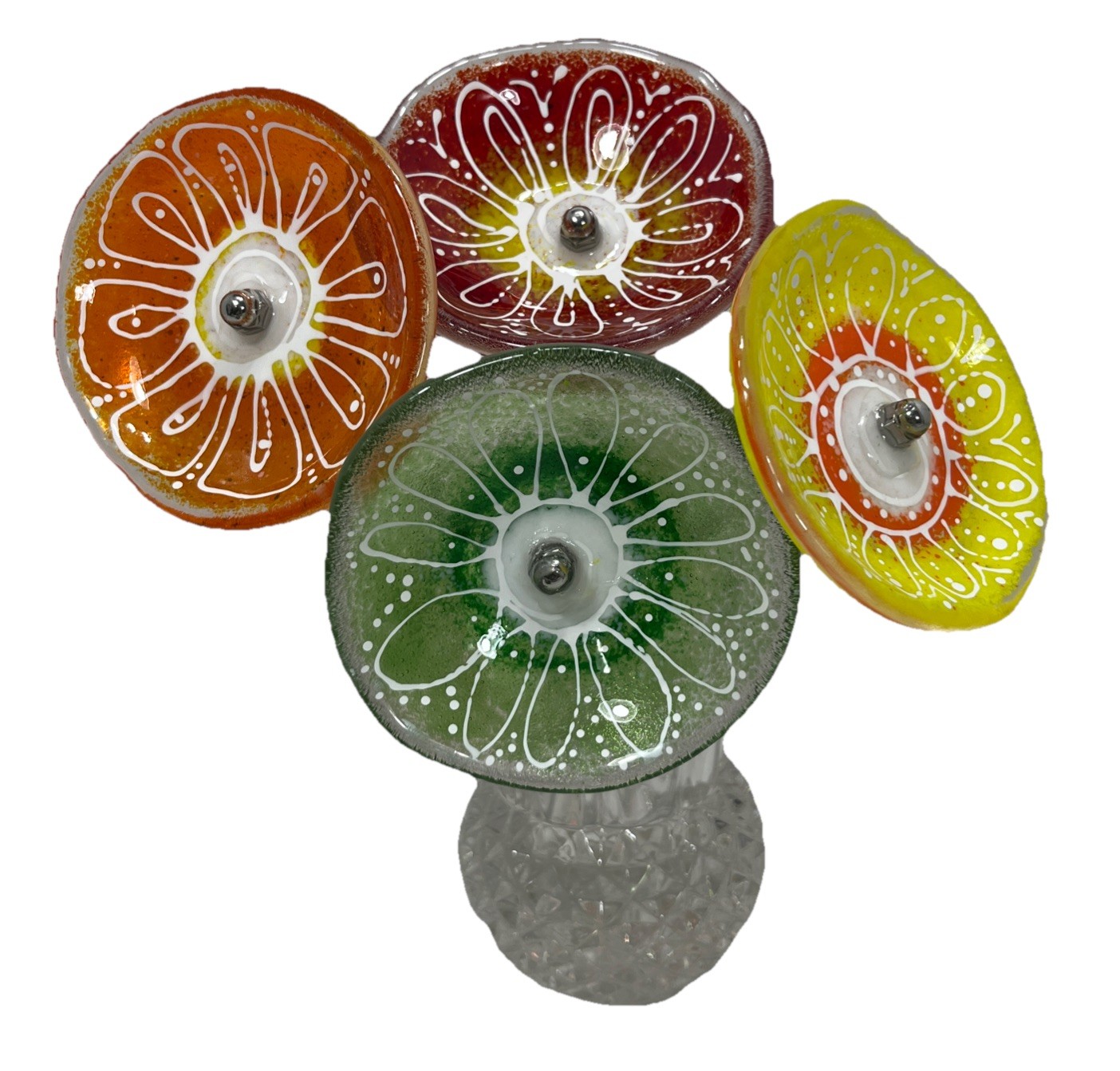 4 Flowers Pressed Glass Painted Tabletop Garden Bouquet Round Silver Metal Stems