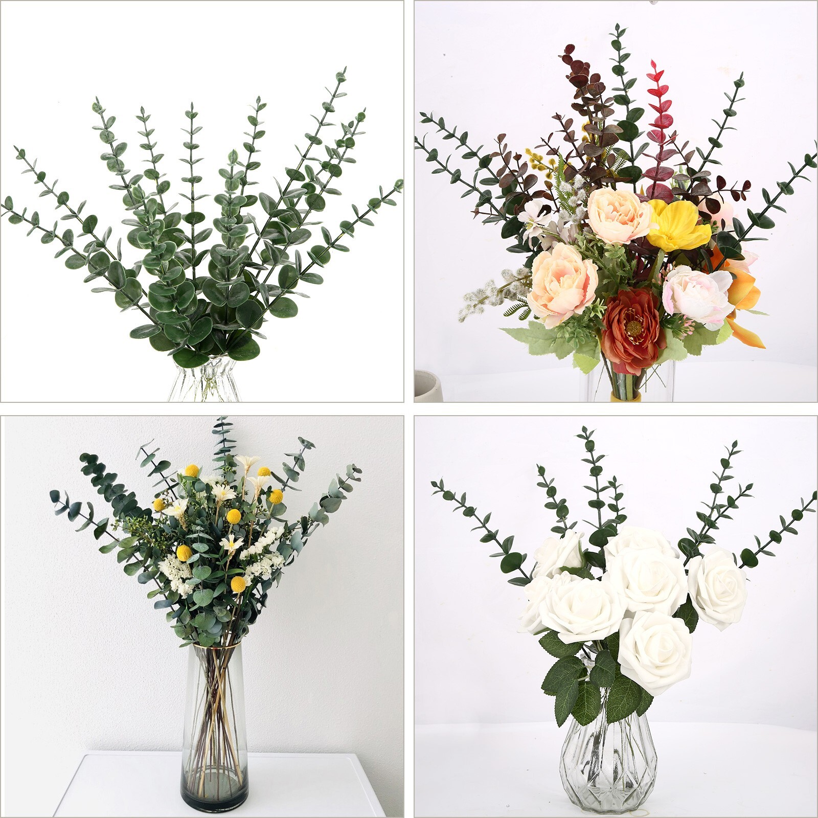 EZFLOWERY 24 Pcs Artificial Eucalyptus Leaves Stems Real Touch Green Leaf
