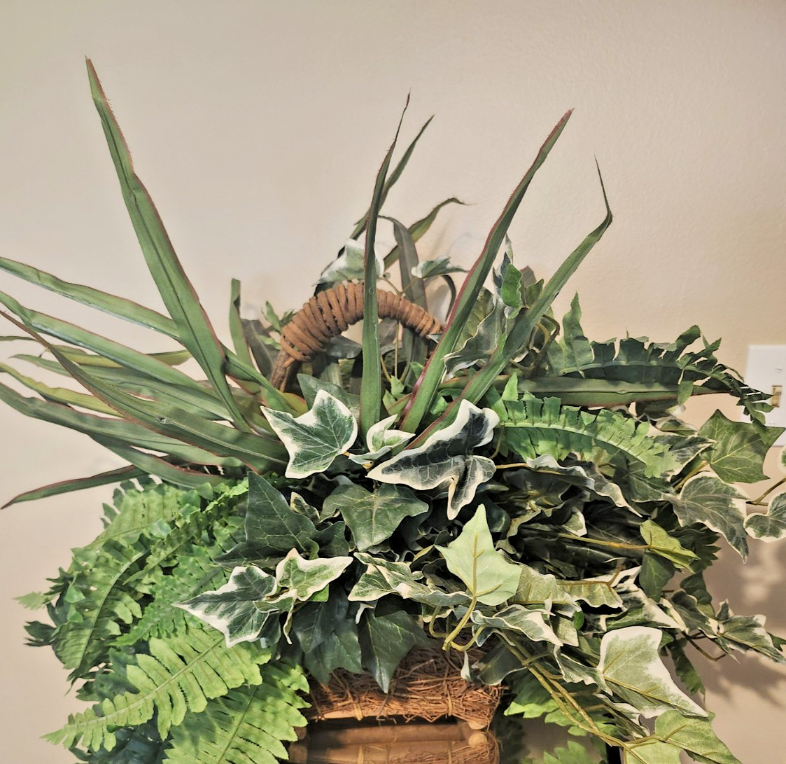 Large Rustic Artificial Greenery Basket Arrangement – Faux Fern, Ivy & Tropical