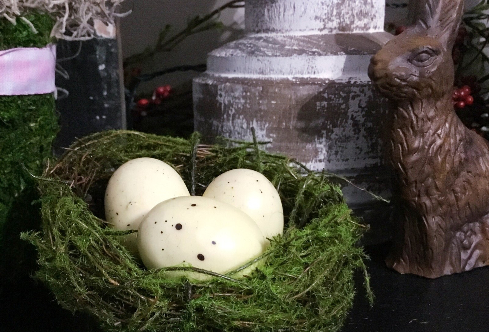 4” Mossy Spring Birds nest with pale yellow faux speckled eggs