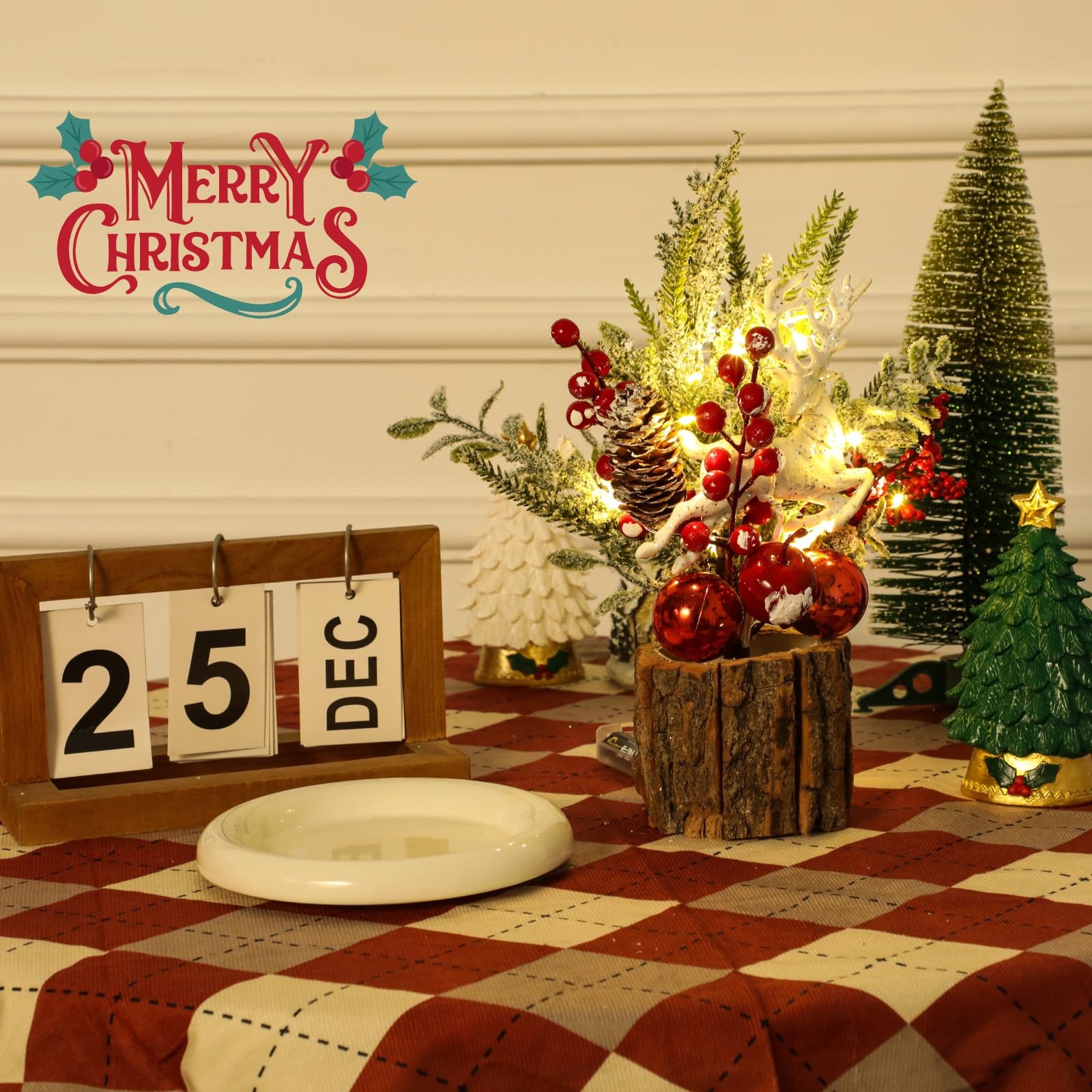 Small Mini Christmas Tree With Lights Artificial Tabletop Pine Cones Red Berry