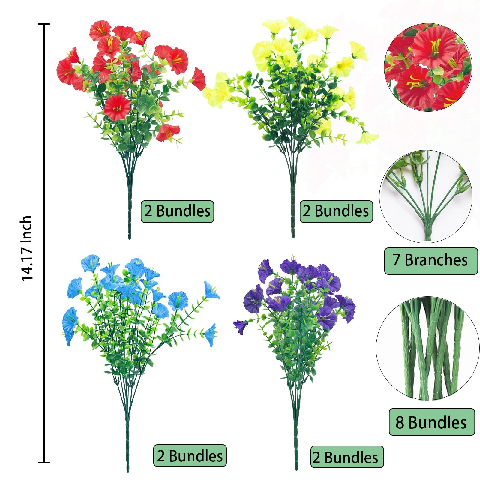 Artificial Outdoor Flowers UV Resistant – 8 Bundles 9″ Wide X 14″ Length