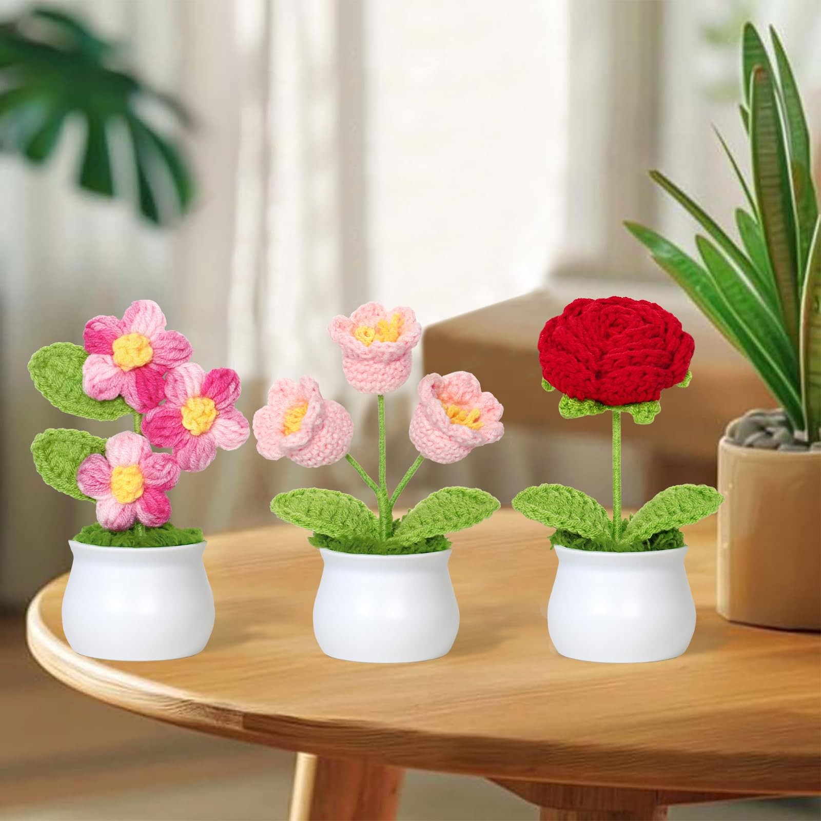 Crochet Flowers Cute Potted Plants Fake Knitted Mini Desk Office Car Decor