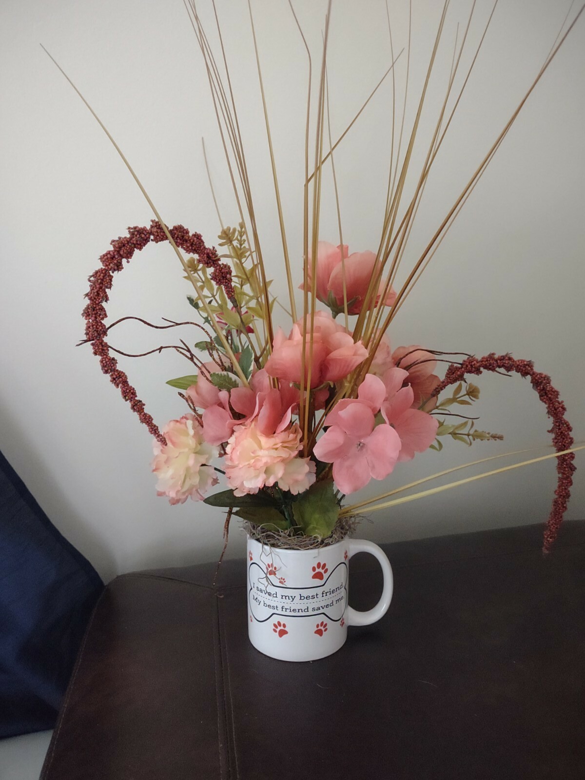 DOG Lovers Mug with silk flower arrangement. Pink Roses and Carnations