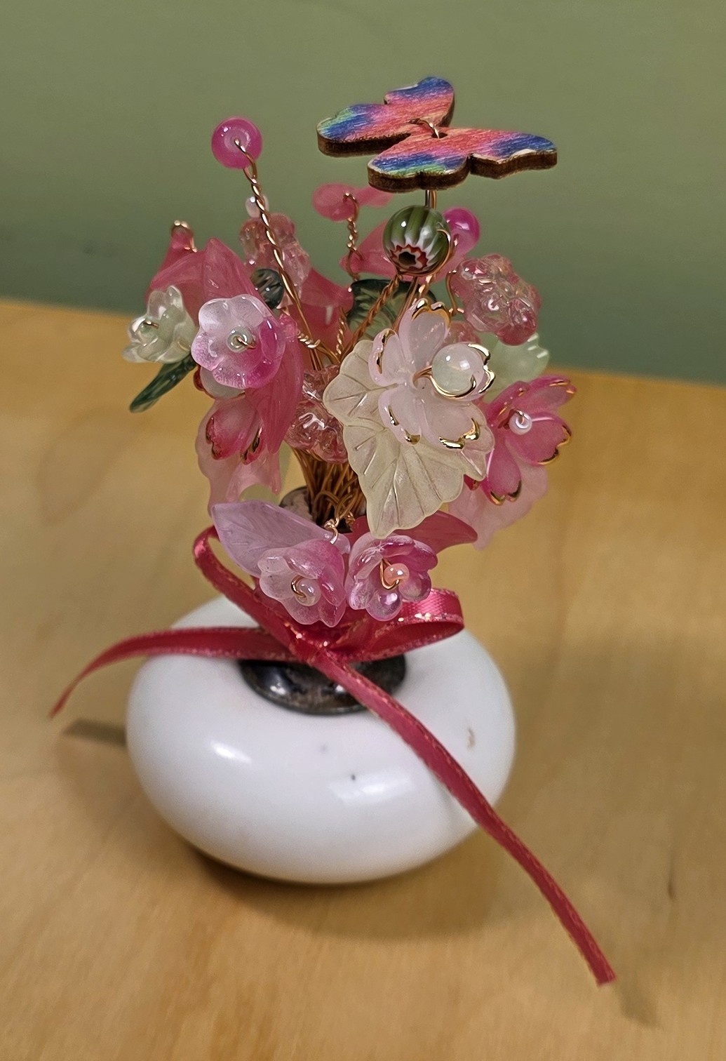 Forever Beaded Flower Bouquet – Glass & Acrylic in Doorknob Vase – OOAK – Pink
