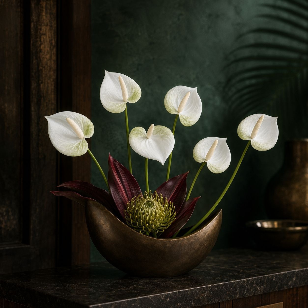 White Green Real-Touch Artificial Anthurium Stems, Set of 6, 11 Inch Faux Tropic