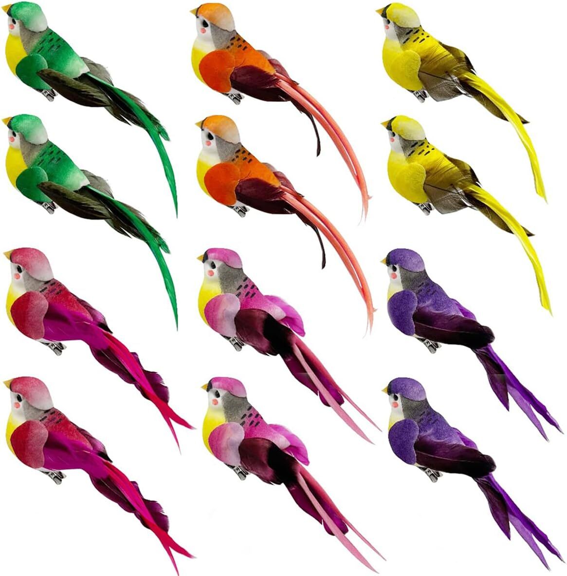 12pcs Assorted Artificial Birds Clip on Ornaments 6-inch Simulated Foam Feath…
