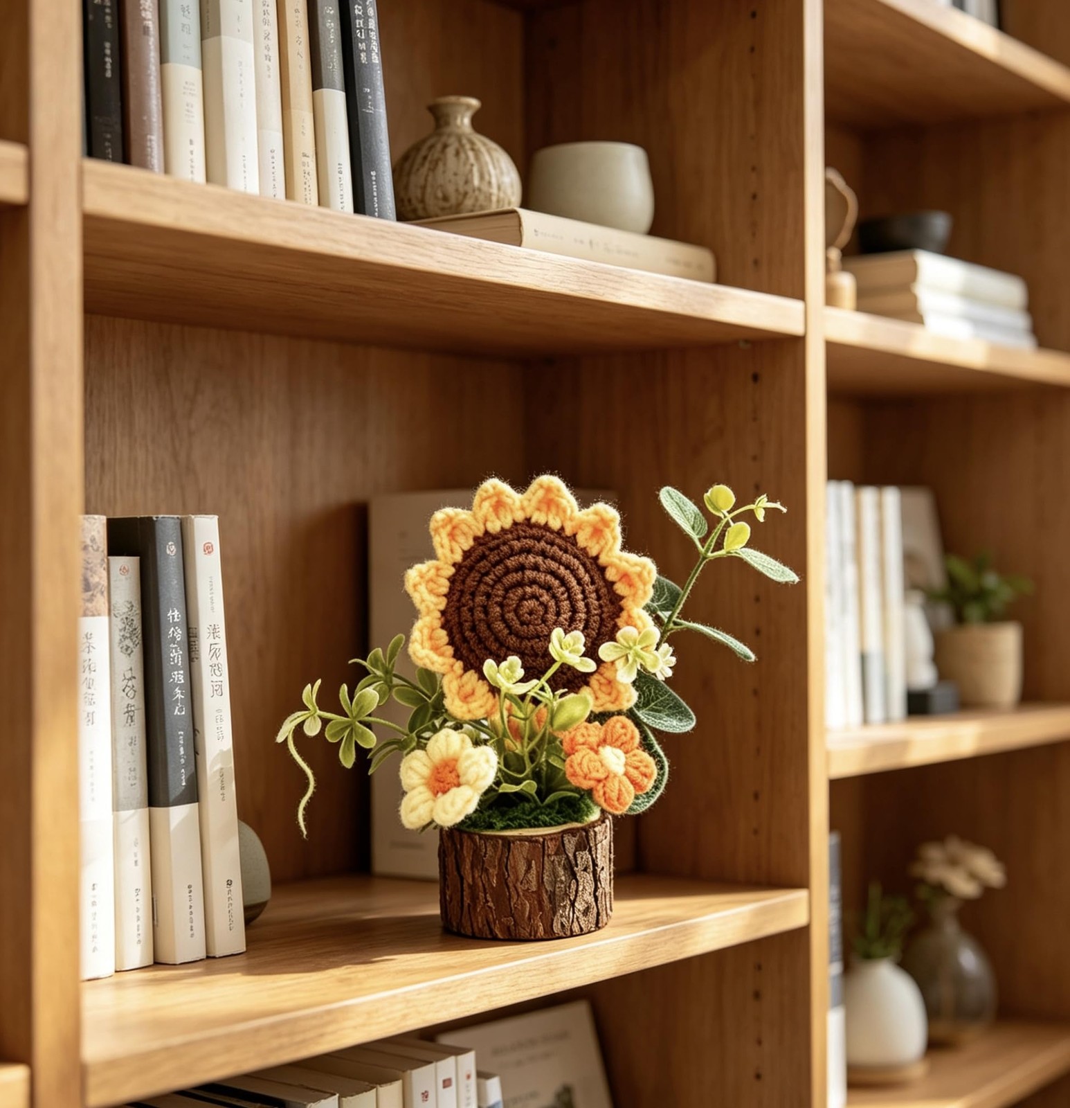 Cute Crochet Flowers Bouquet, Handmade Knitted Sunflowers with Wooden Pot, Croch