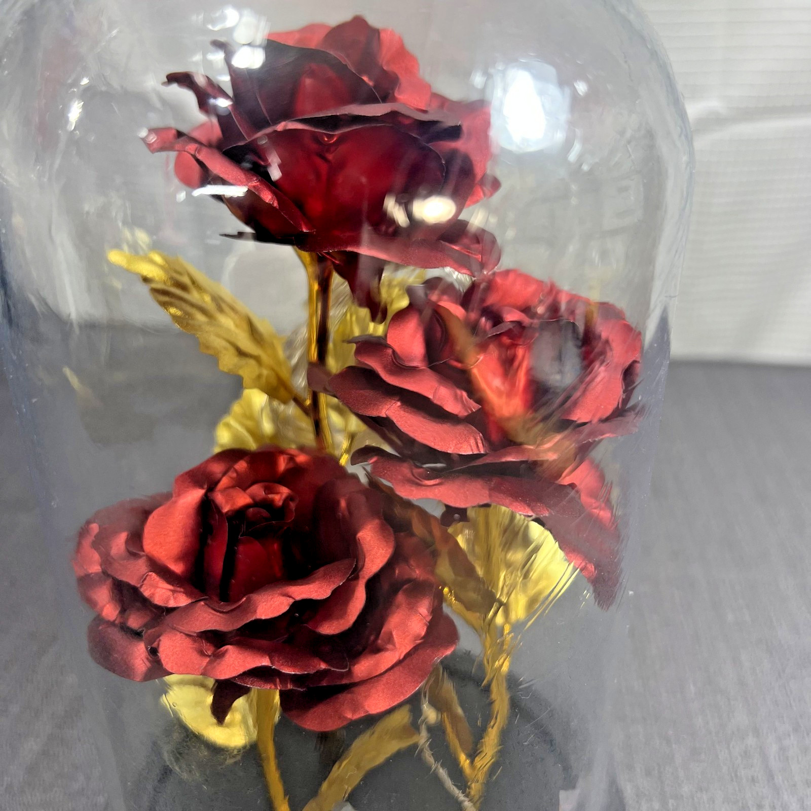 Dream Of Flowers Forever Roses Foiled Led Light Strand in Glass Dome Wooden Base