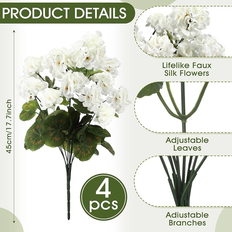 4 Pcs 18” Artificial Geraniums 36 Heads White Faux Fake Planters For Home Decor
