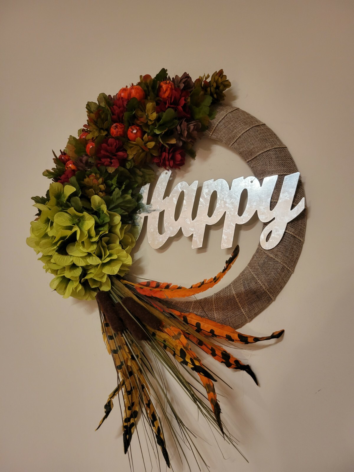 HAPPY Hydrangeas Cat tail burlap WREATH FALL Feather Decor Front Door 15″ fire