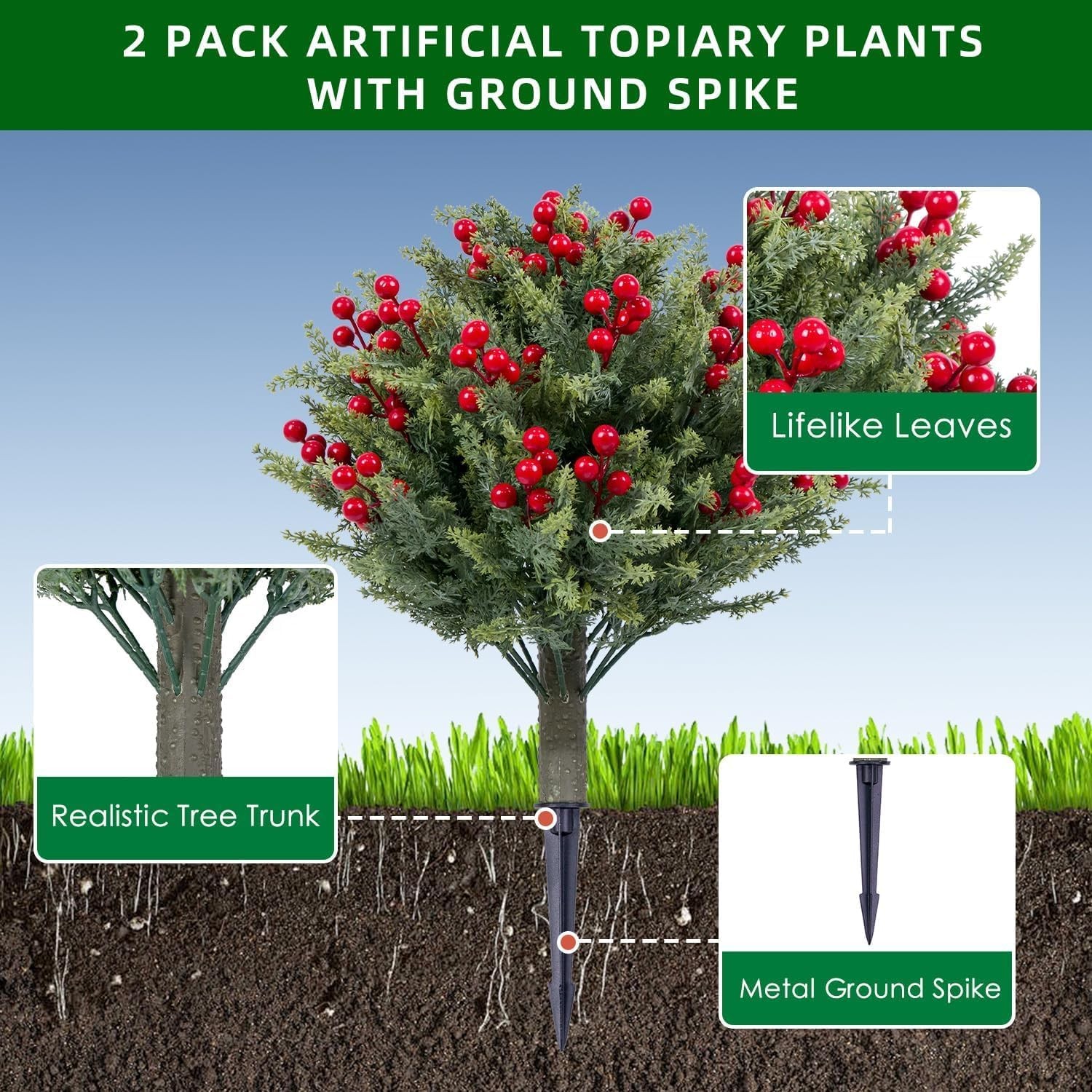 2Pcs 19.6” Artificial Topiary Trees Red Fruits Bushes with Ground Spike Outdoor
