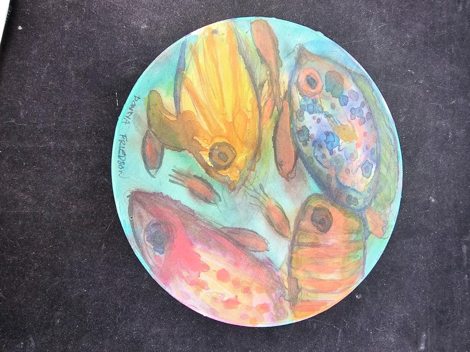 Donna Lynn Friedson Hand Painted Silk Round With Fish