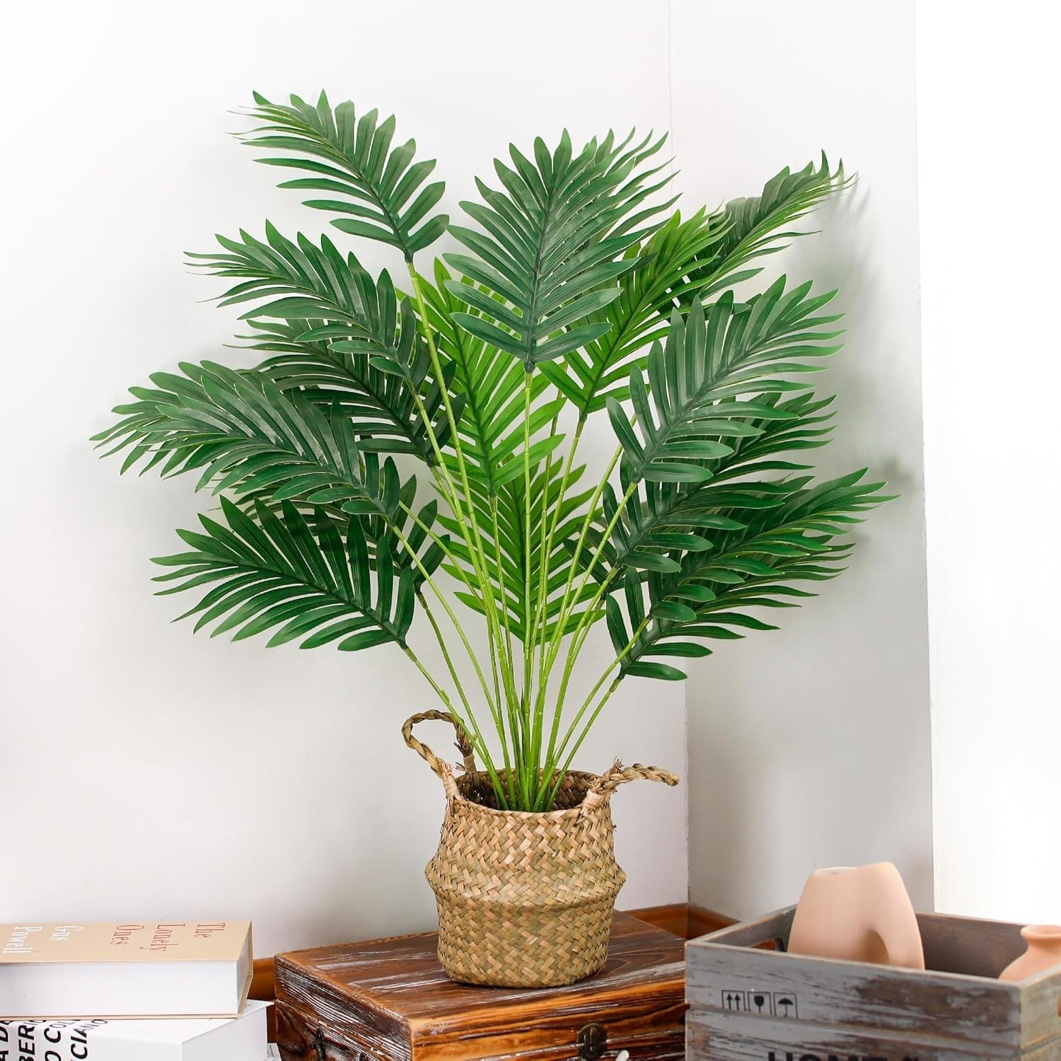 Realistic 28-Inch Fake Palm Plant with Lightweight Basket – Indoor/Outdoor Use