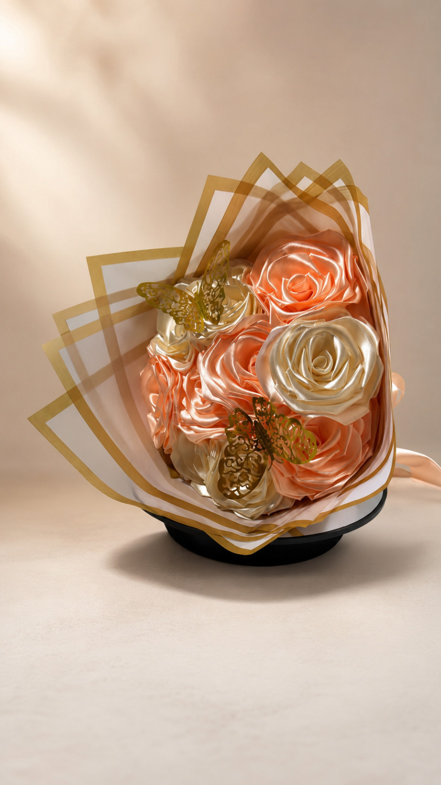 NORELD 20 Satin Rose Bouquet Peach Ivory Gold Butterflies Handmade Gift