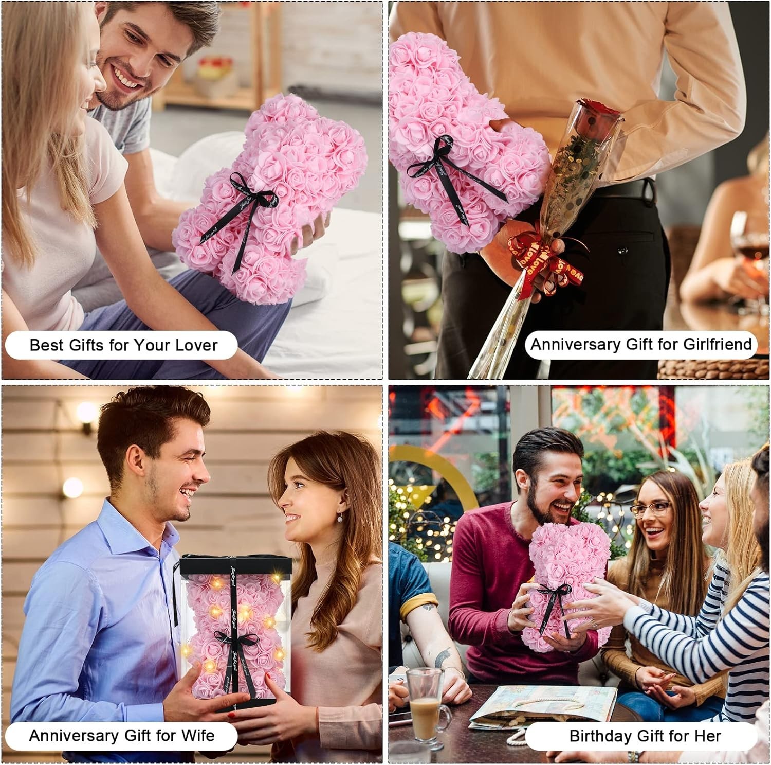 Pink Rose Bear Gift Set with Lights, Box, Card – Romantic Valentine’s Day