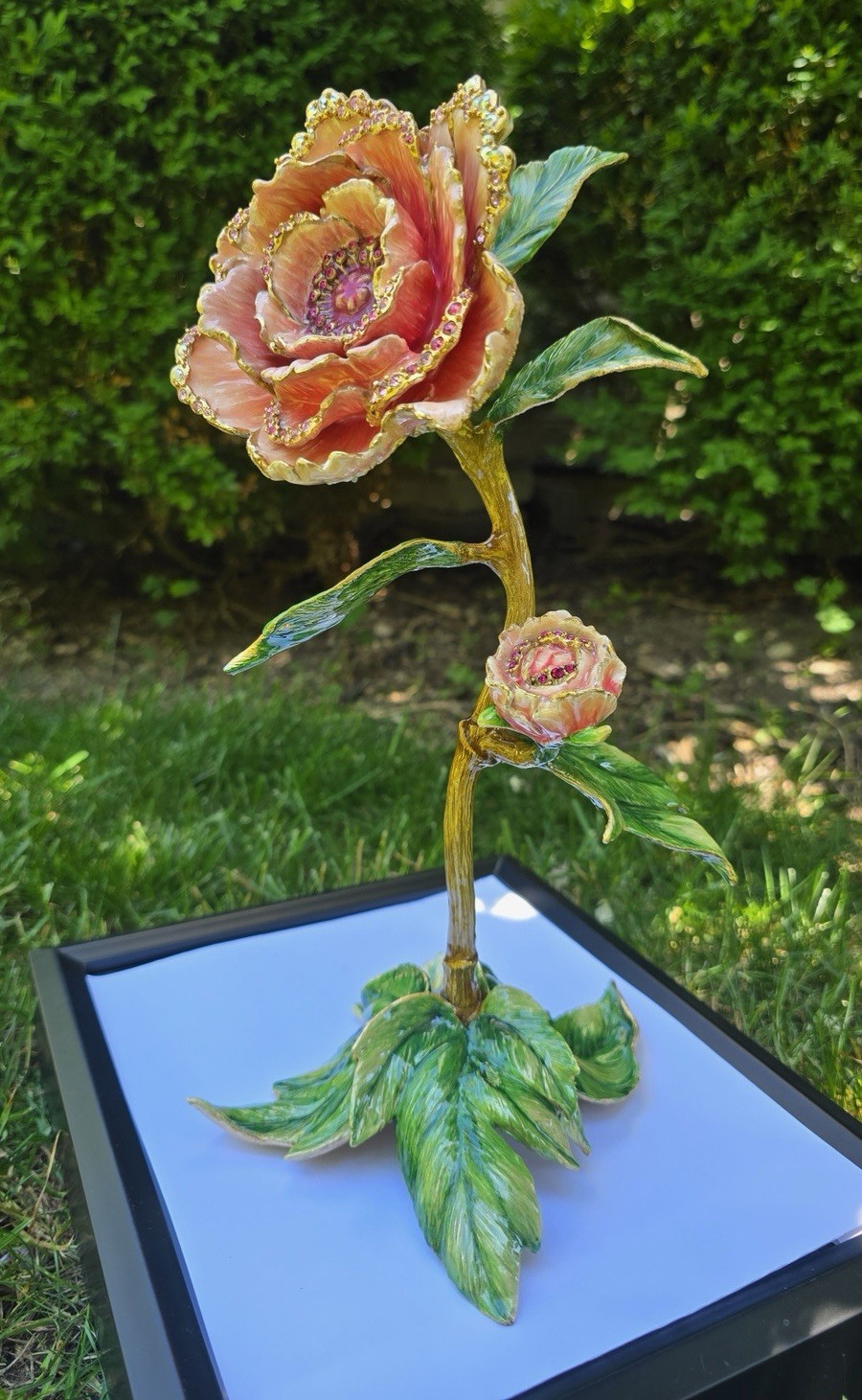 Jay Strongwater Artificial Jeweled Pink Rose Flower Stem Decor Green Leaves Gold