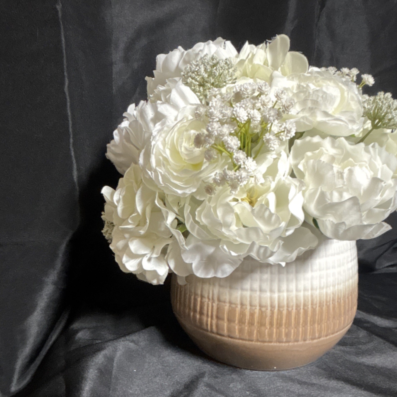 Artificial White Rose Arrangement in assorted Vases, 11″ Tall Floral Centerpiece