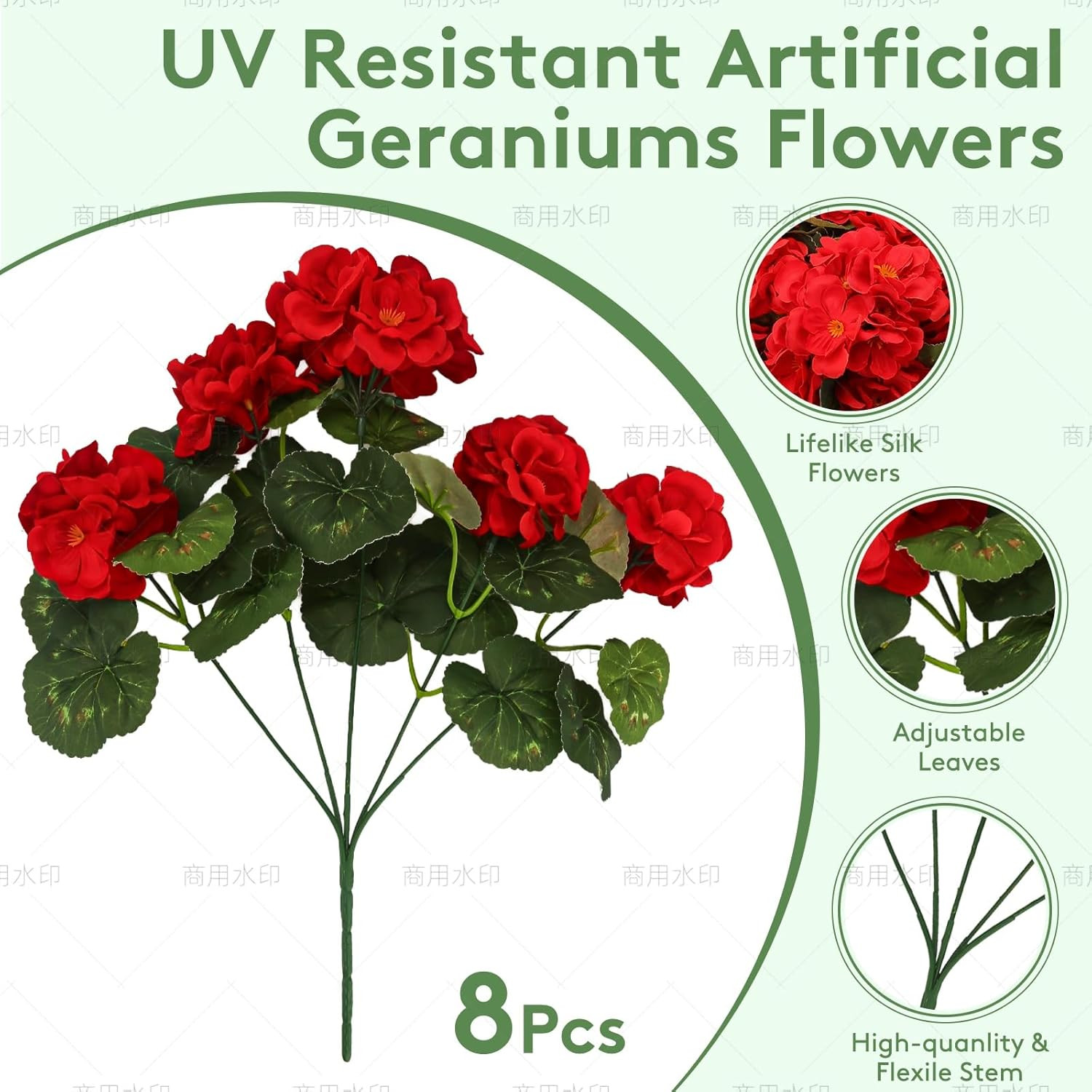 FULLMUSIC Artificial Flowers for Outdoor, UV Resistant Realistic Geranium Fake F
