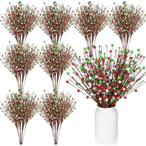 10 Pcs Christmas Floral Picks Berry Red Lime Green White Stem Red Green White