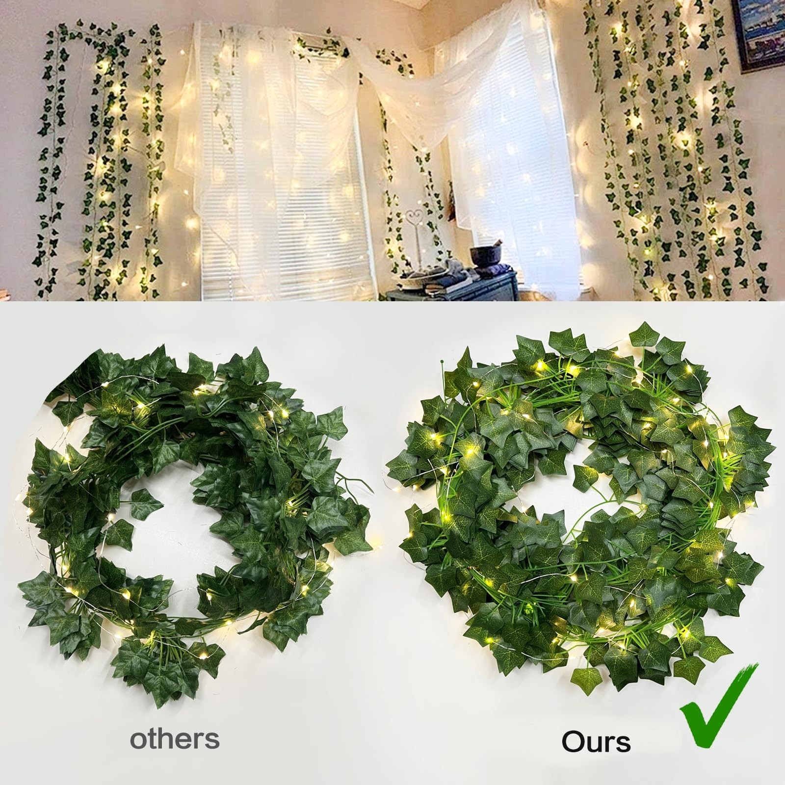 12 Pack Ivy Fake Vines 86 FT Artificial Plant with 100 LED String Lights for Roo