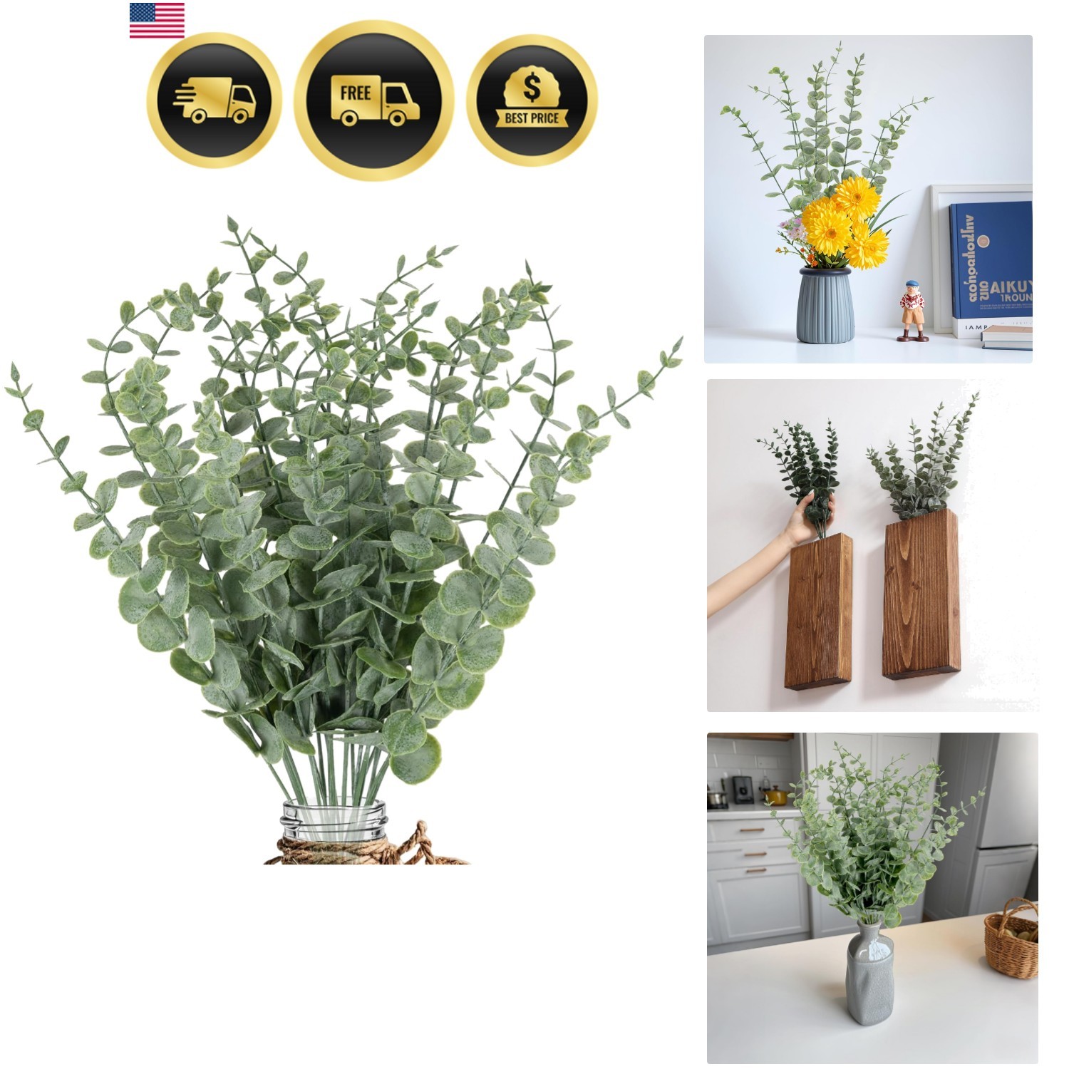 Artificial Eucalyptus Stems 20pcs Realistic Faux Green Leaf Flowers for Decor
