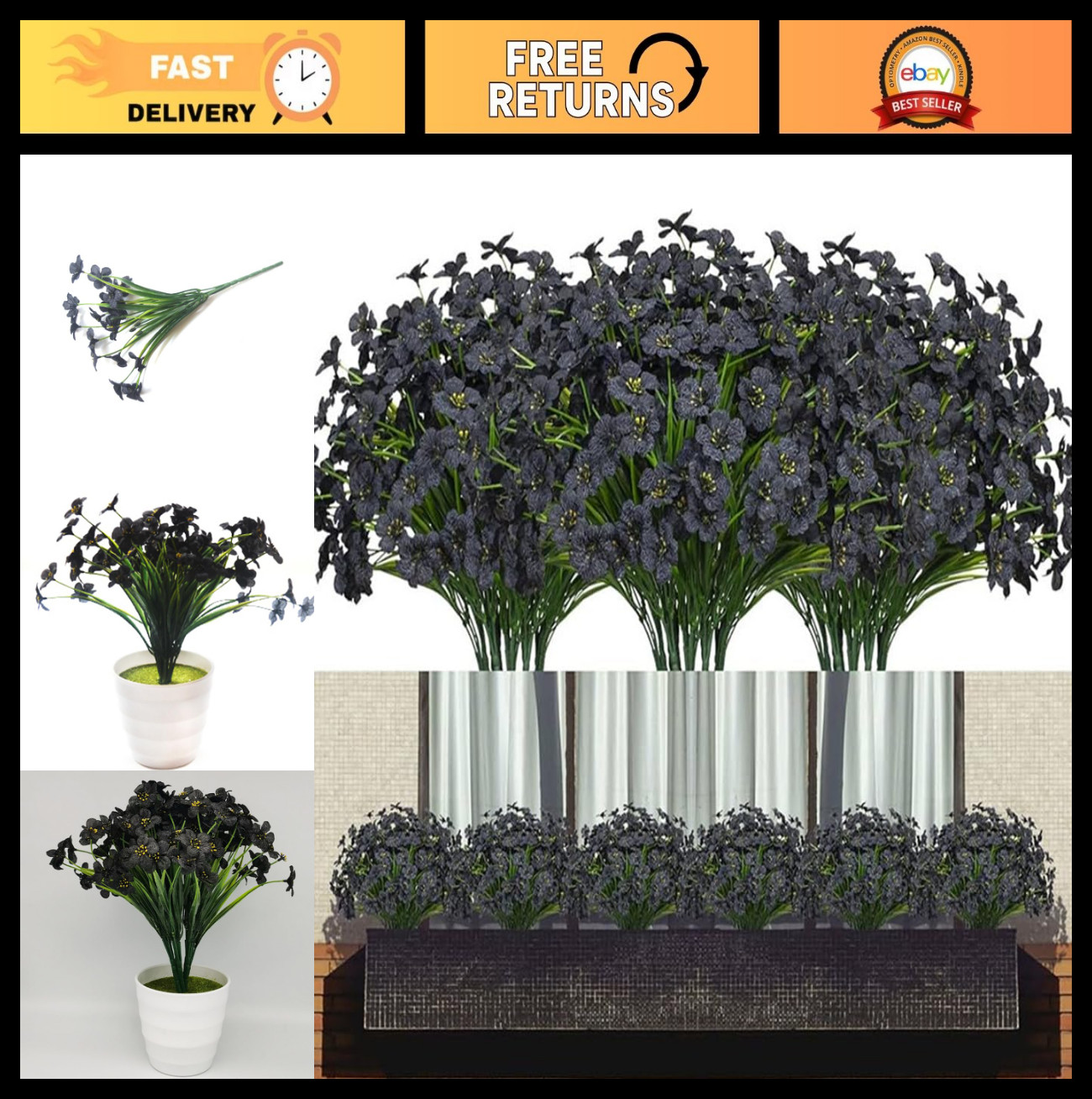 12 Bundles Black Silk Flowers – UV Resistant Artificial Plants for Garden Decor