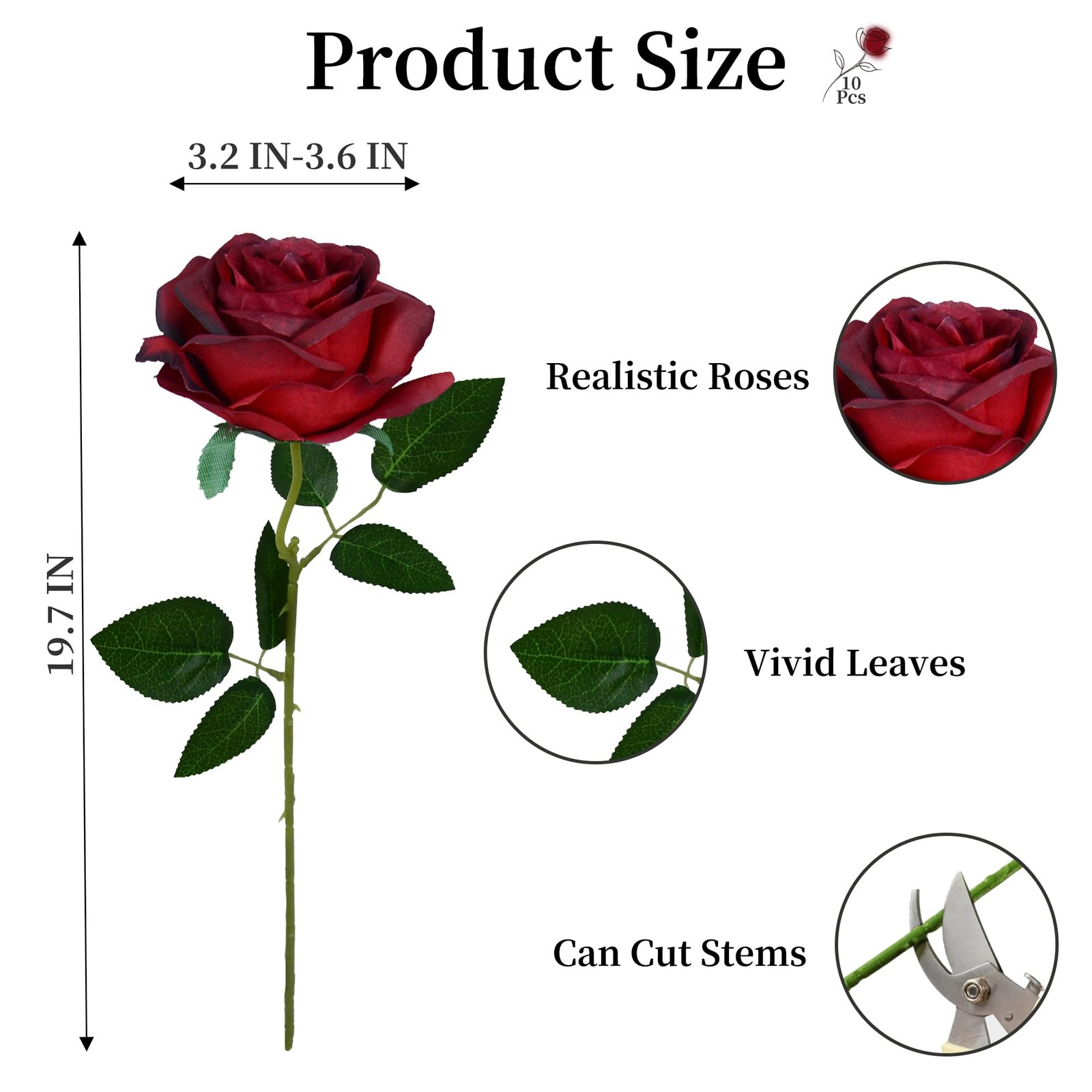 10 Pcs Wine Red Rose Artificial Flower, Faux Silk Flowers With Long Stems, Fa…