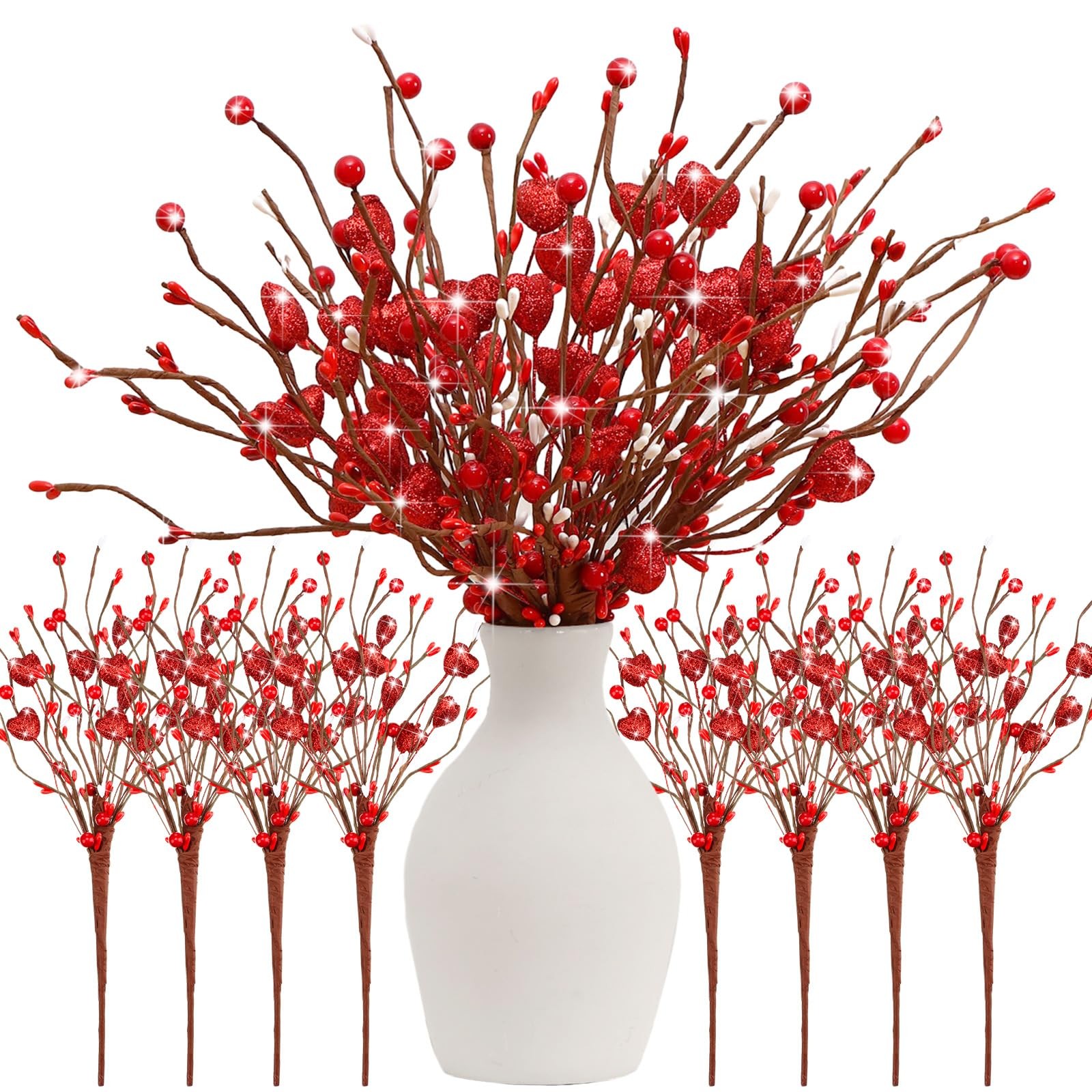 8 Pack Valentine’s Day Artificial Glitter Berry Flower Stems Heart Shaped Ber…