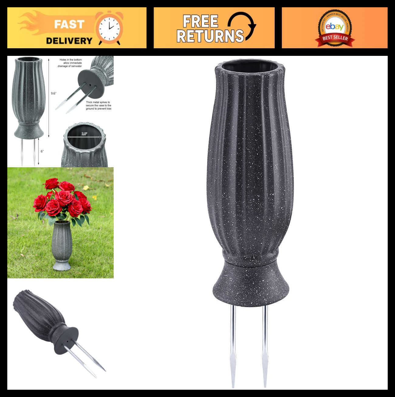 10″ Cemetery Vases with Metal Spike | Flower Holder for Grave Decorations, Drain