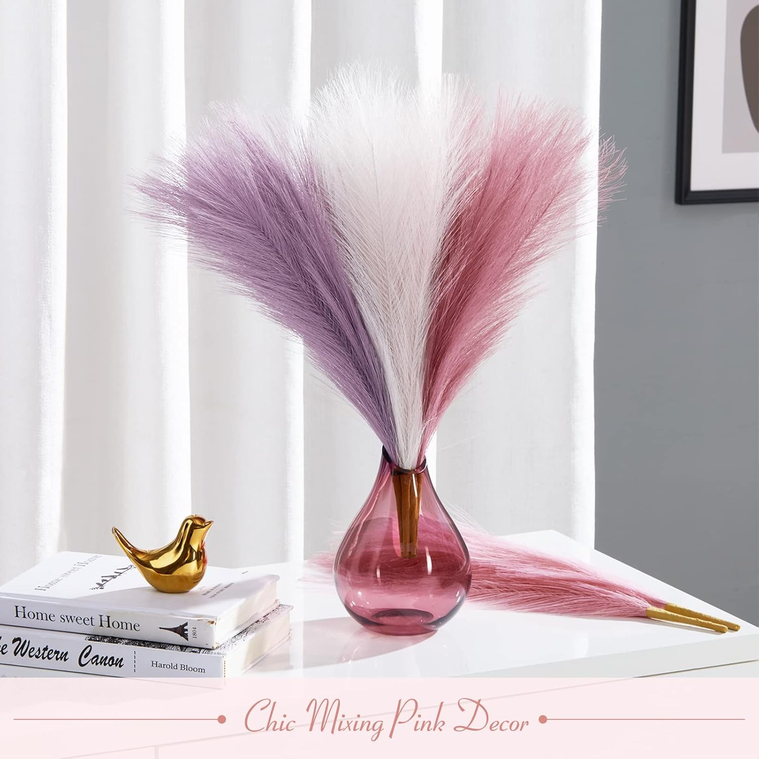 Faux Pampas Grass Decor 17 Inch 6pcs, Purple Pink Artificial Pampas Grass Home W