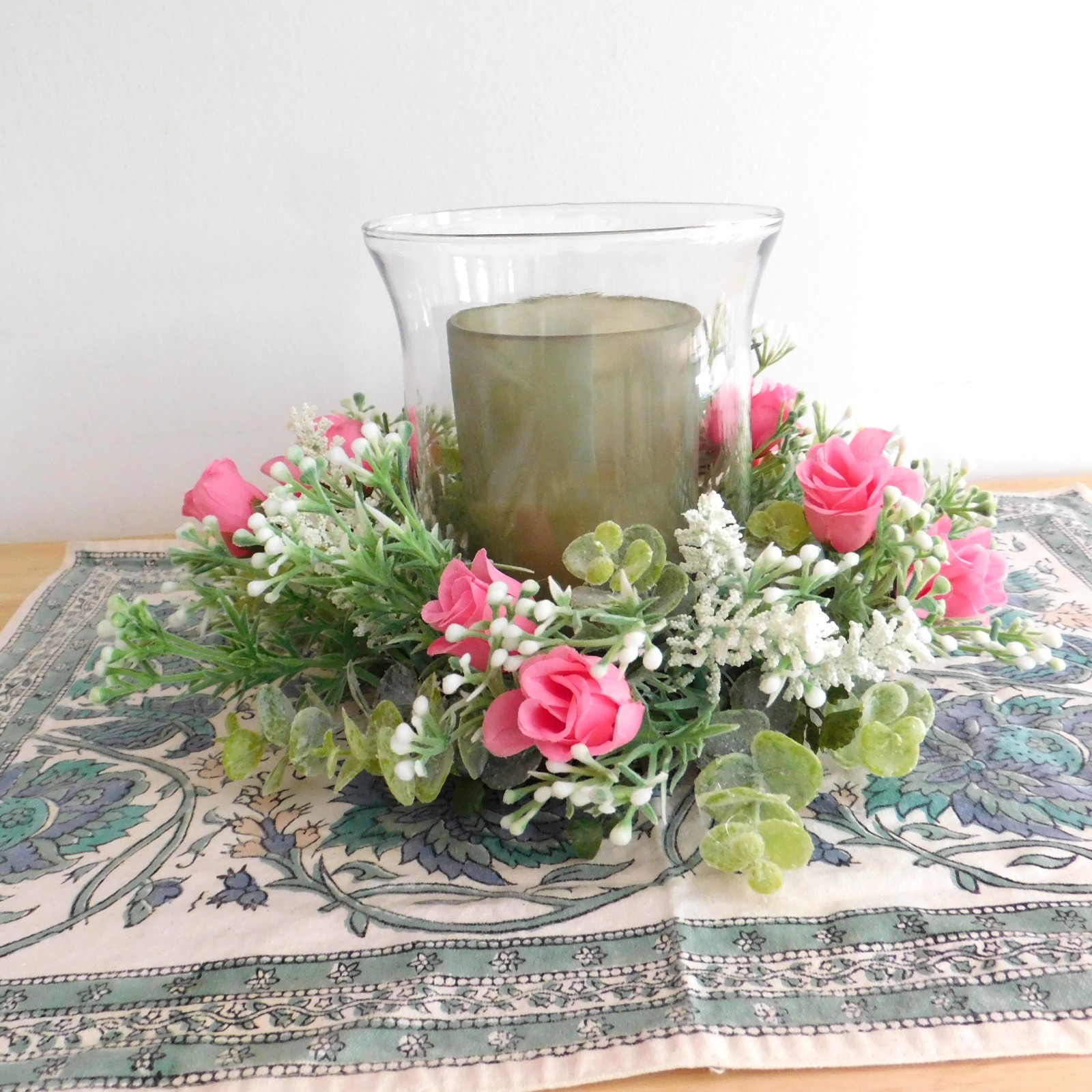 Dusty Miller Mini Wreath Eucalyptus Pink Roses Candle Ring