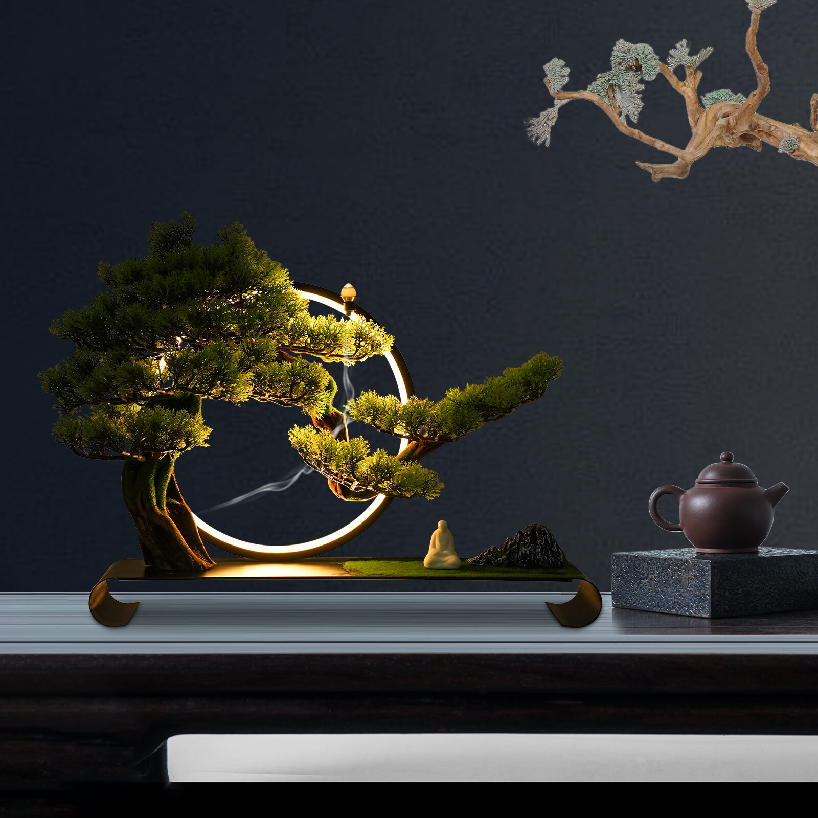 Zen Artificial Pine Tree with Lamp Rings Decoration for Backflow Incense 110V 8W