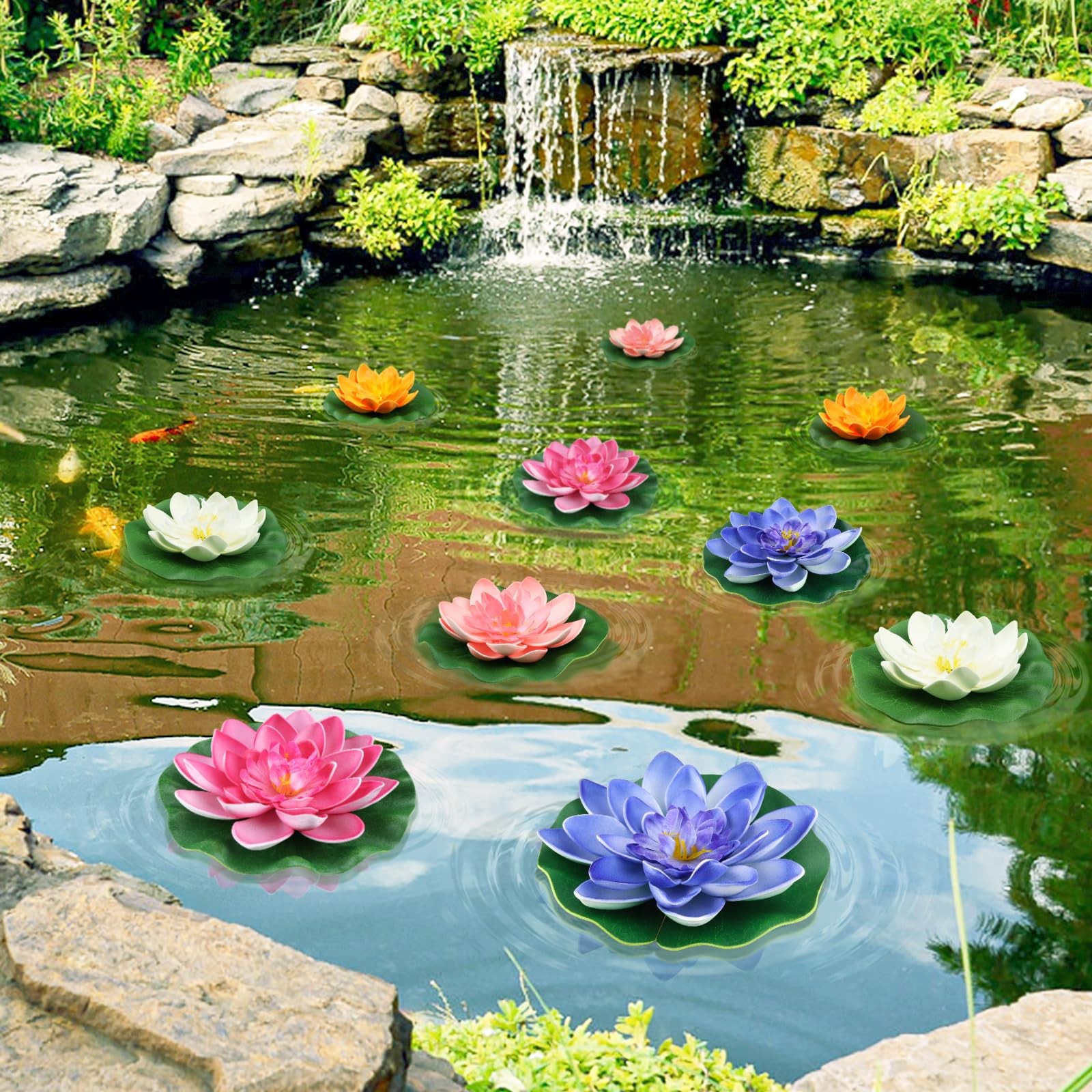 10PCS 3 Sizes Artificial Foam Lotus Floating Flowers with Water Lily Pad Orna…