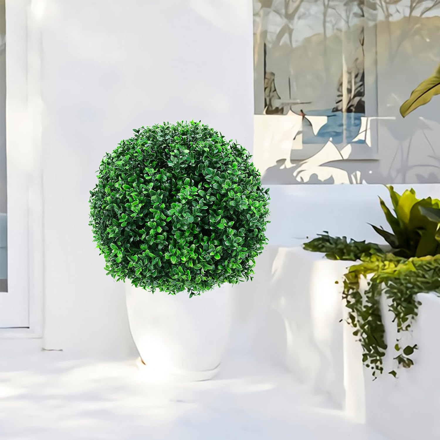 Artificial Boxwood Topiary Ball Trees with Ground Spikes UV Resistant Faux Green