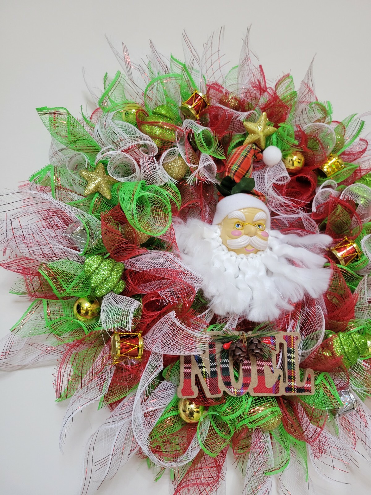 NOEL Christmas Mesh Front Door Wreath Wall Decoration White RED green Santa