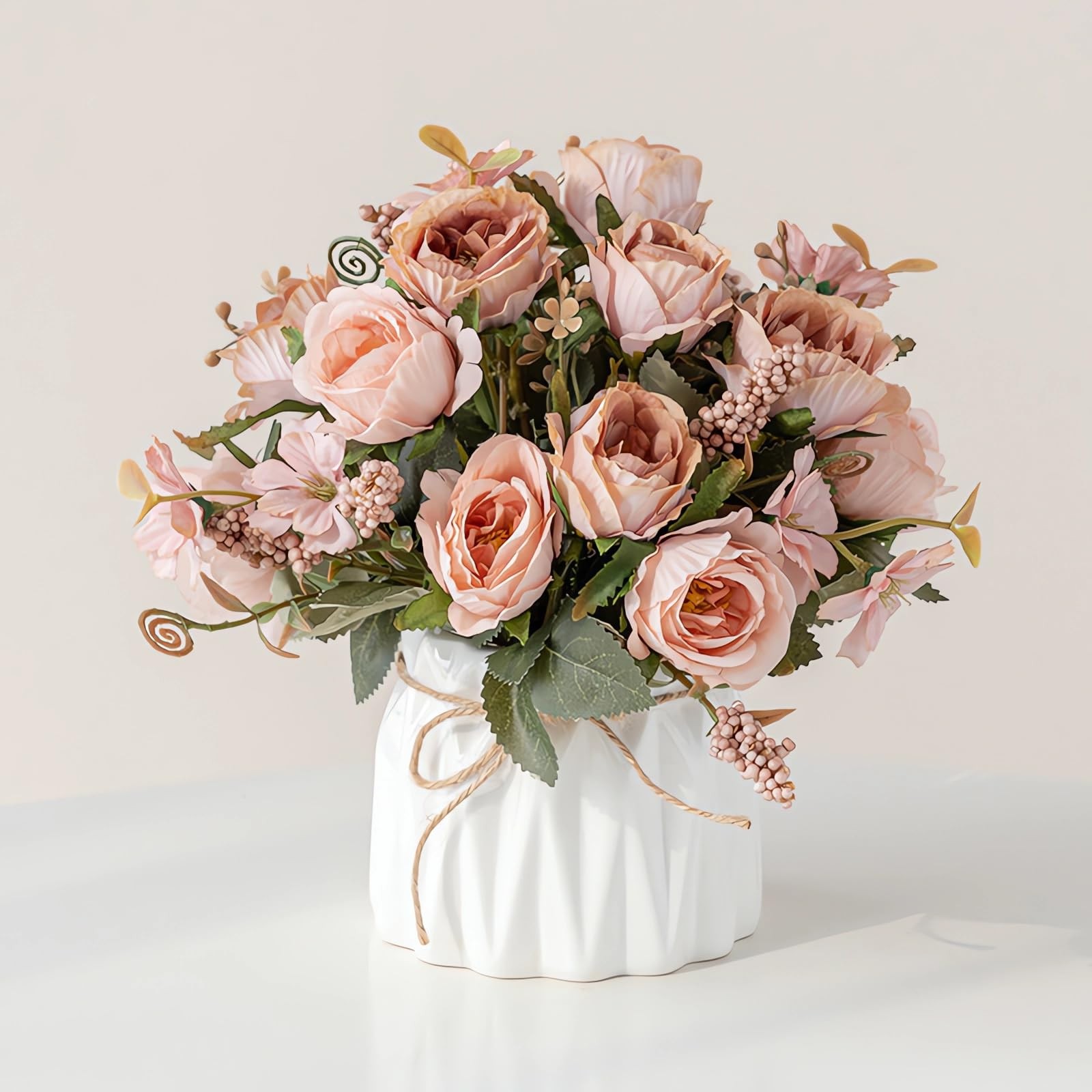 Faux Flowers with Vase,Artificial Silk Flowers in Ceramic Vase,Small Fake Flo…
