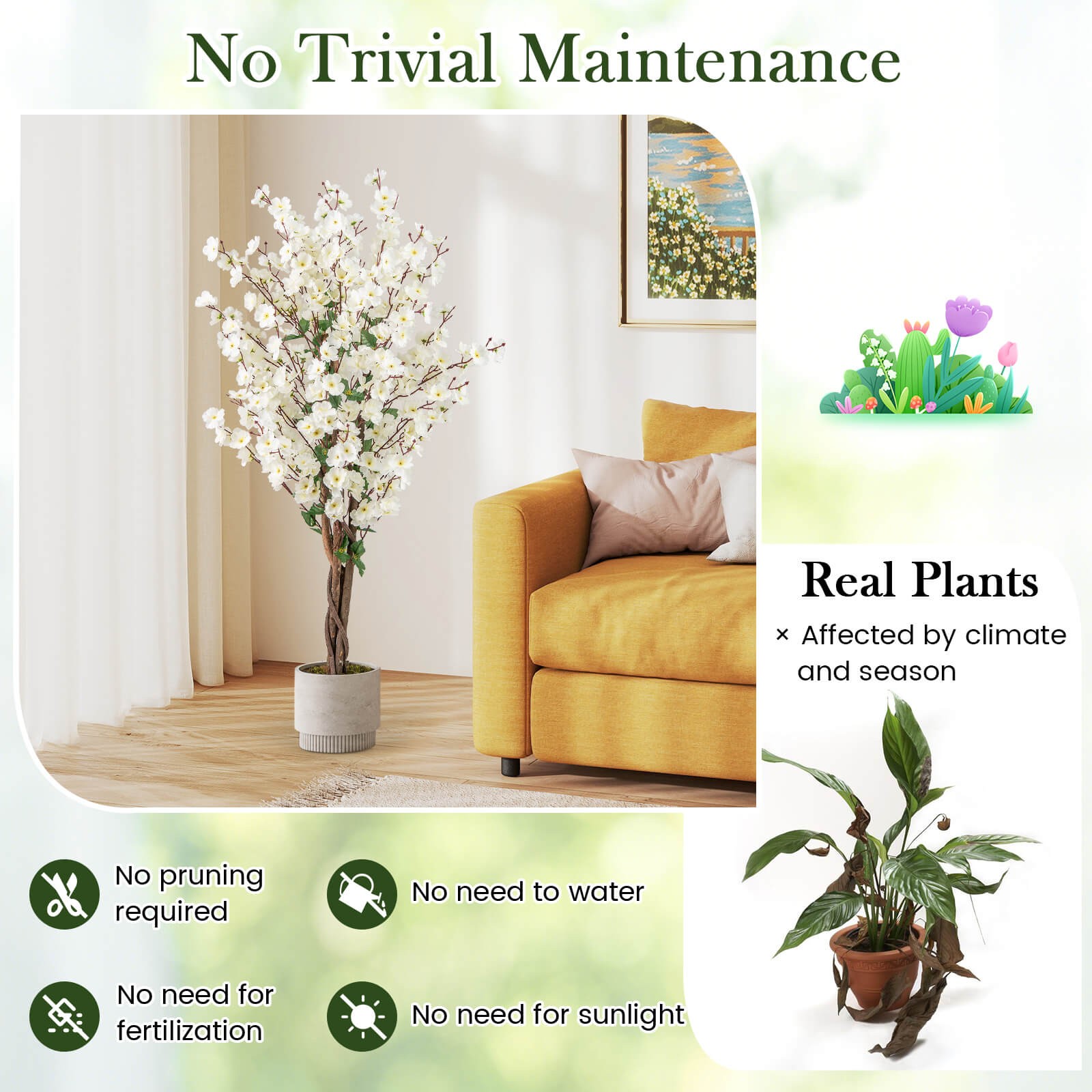 2 PCS 47″ Artificial Winter Sweet Tree Faux Plum Blossom Plant w/White Fabric