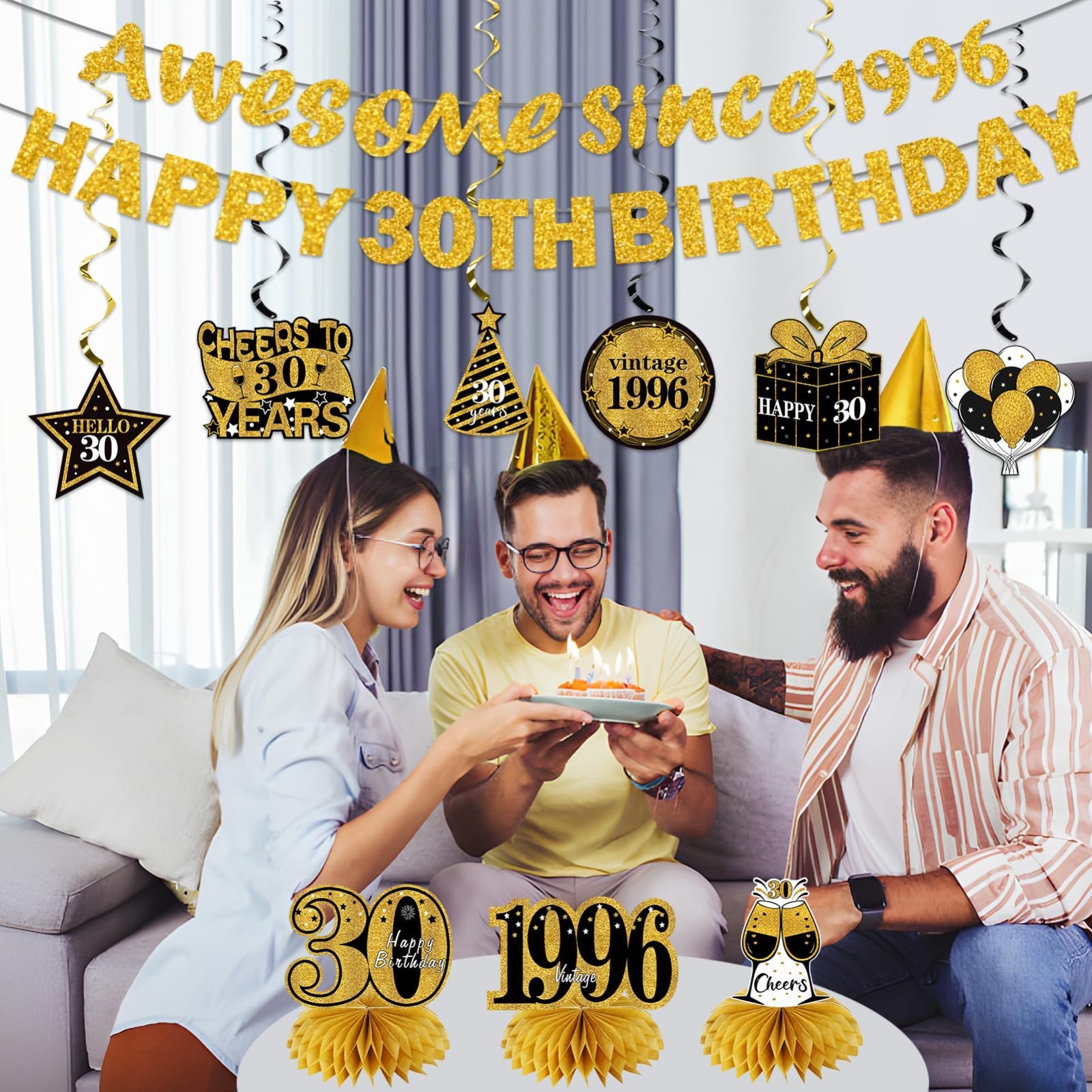 30th Birthday Decorations Kit – 11Pcs Black Gold Banner, Centerpieces & Swirls P