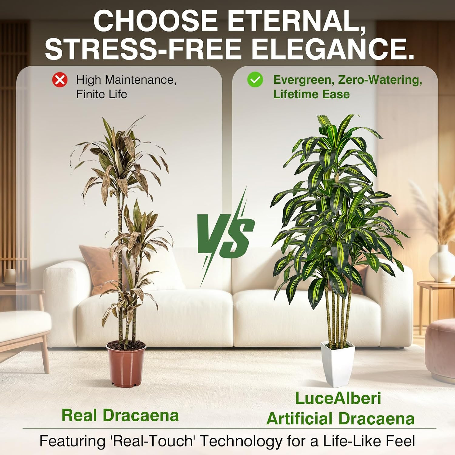 5FT Artificial Dracaena Tree – Tall Faux Dracaena with White Planter, Artificial