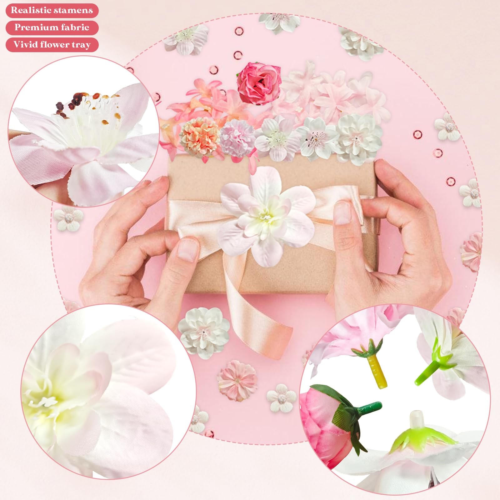 70 PCS Mini Artificial Flower Heads Pink Silk Peony Daisy Rose Craft Bulk