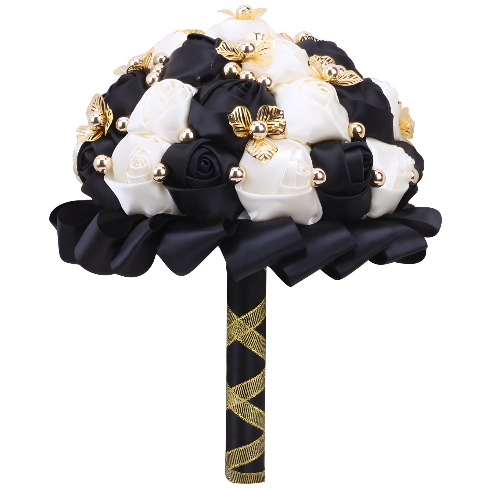 7 Inch Wedding Bouquet Satin Flower Bridal Holding Bridesmaid Gold Button Bro…