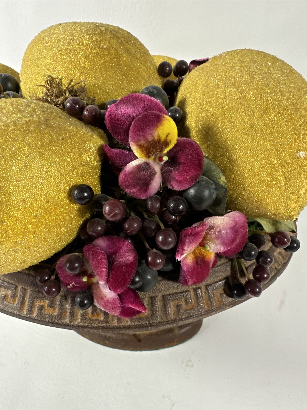 Vintage Rare Artificial Lemon Arrangement In A Cast Iron Vase Bass Green Bottom