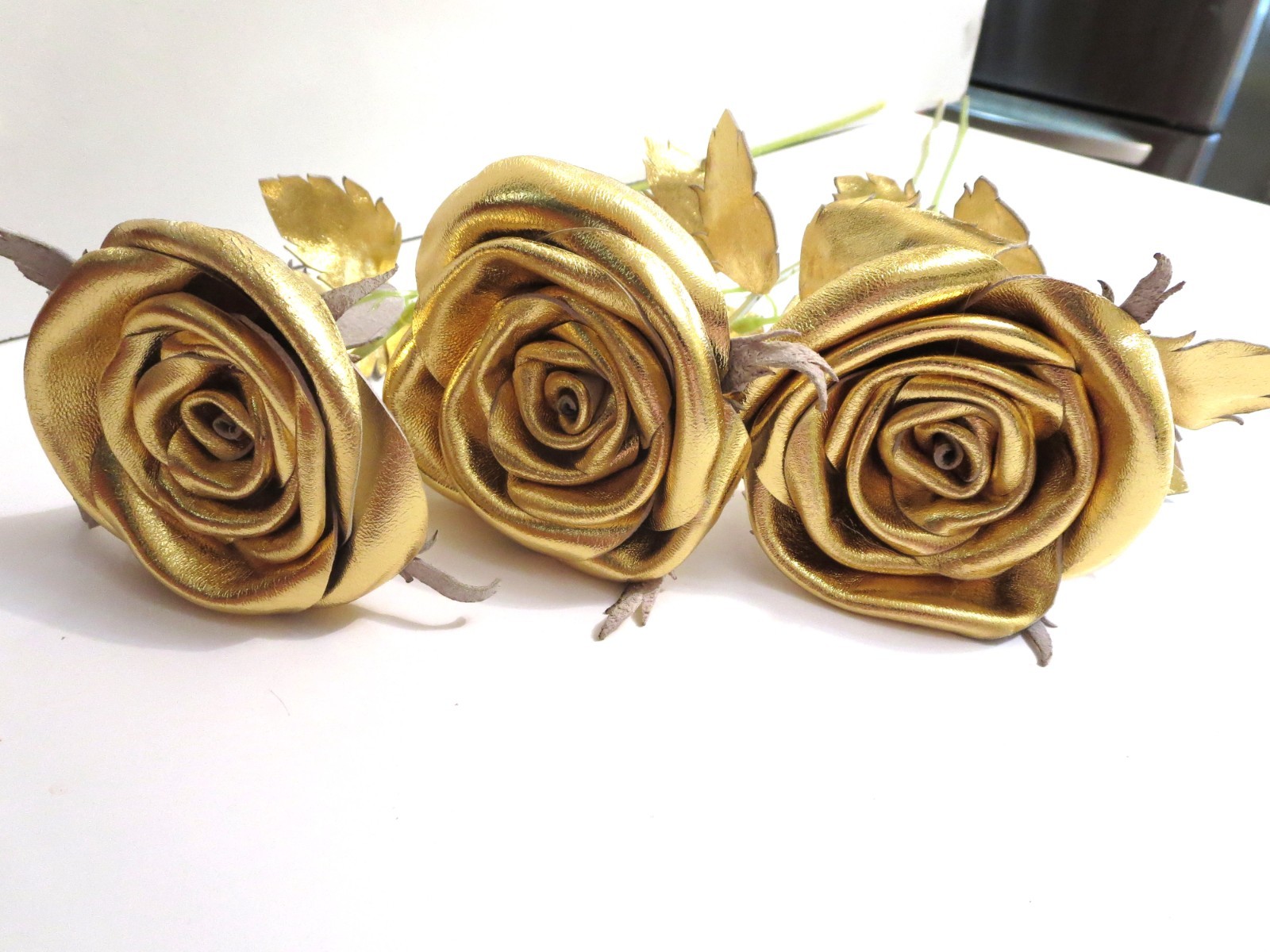 3rd Anniversary Wedding Gift Leather rose bouquet Long Stem white Flowers