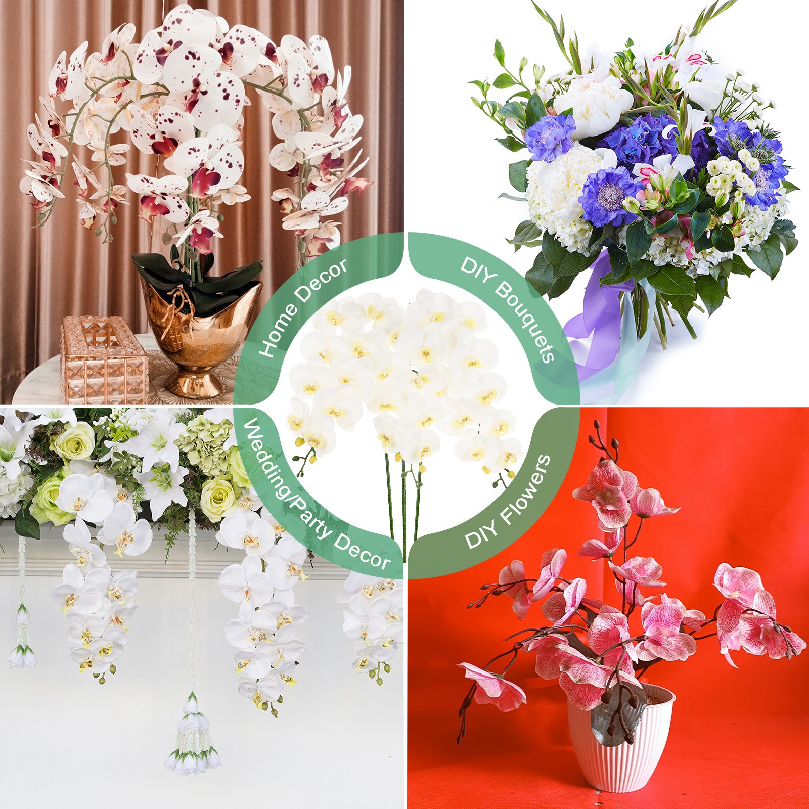 3-Pack Artificial Orchid Flowers 9 Large Petals for Home[White]