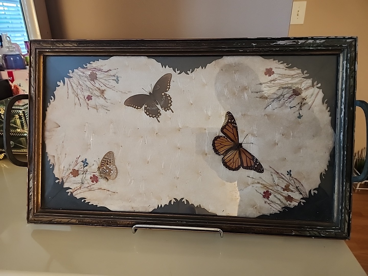 Vintage Butterfly Style Art Glass Tray W/ Stand
