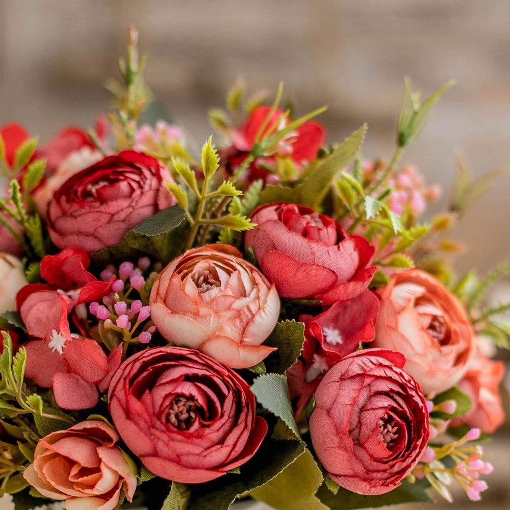 TKAS Artificial Flowers Fake Flowers Silk Rose Bouquet w/ Ceramic Vase Red Bud