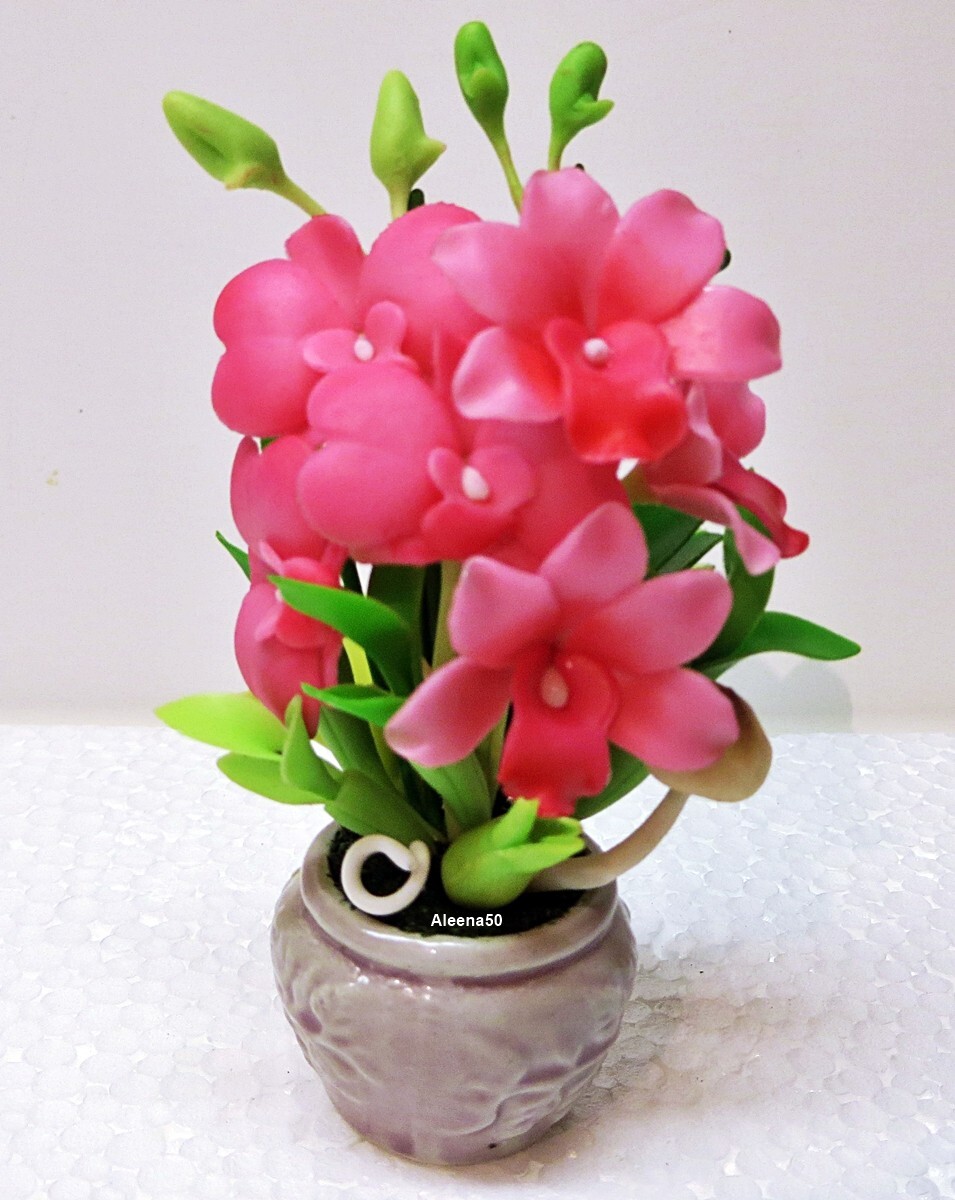 US Stock 4″H Handmade Air-Dry-Clay Pink Mini Dendrobium Orchid Arrange in Pot