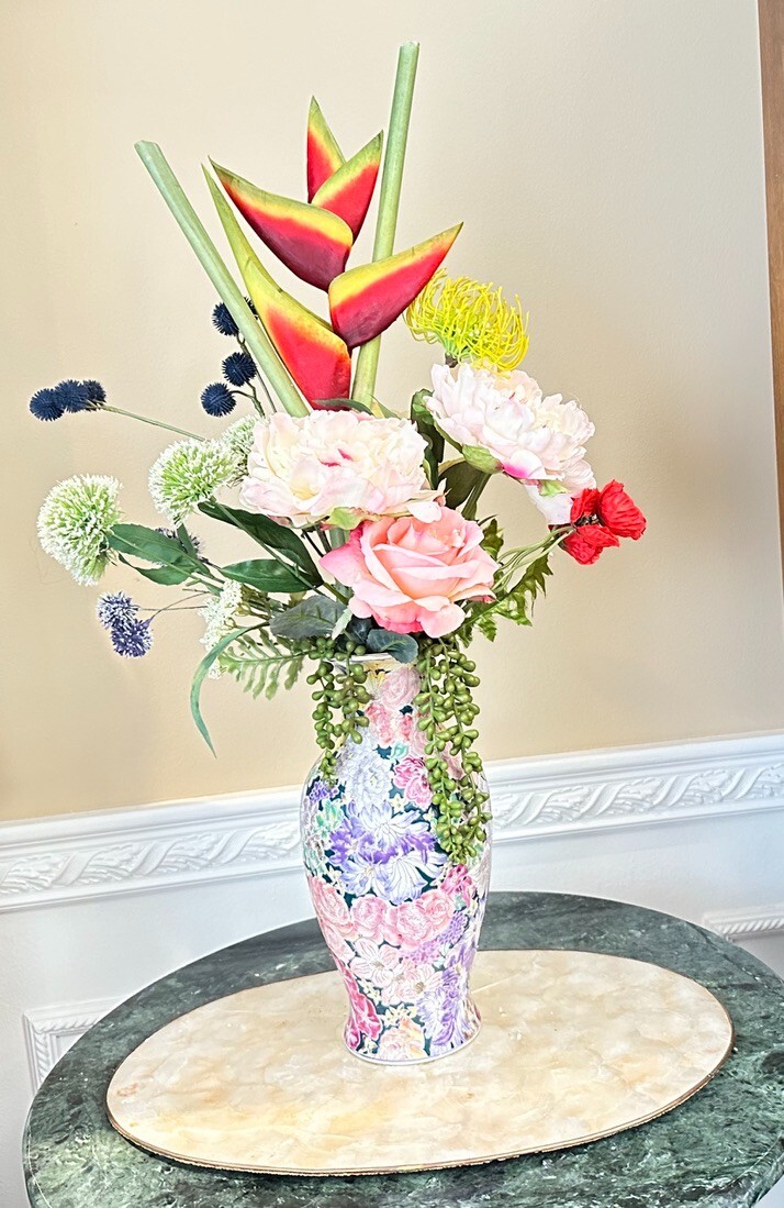 Floral Arrangement Centerpiece Multi-Colored Silk Flowers In Enamel Floral Vase